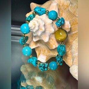 YELLOW  TIGERS EYE  + TURQUOISE NATURAL BRACELET SIZE 7”